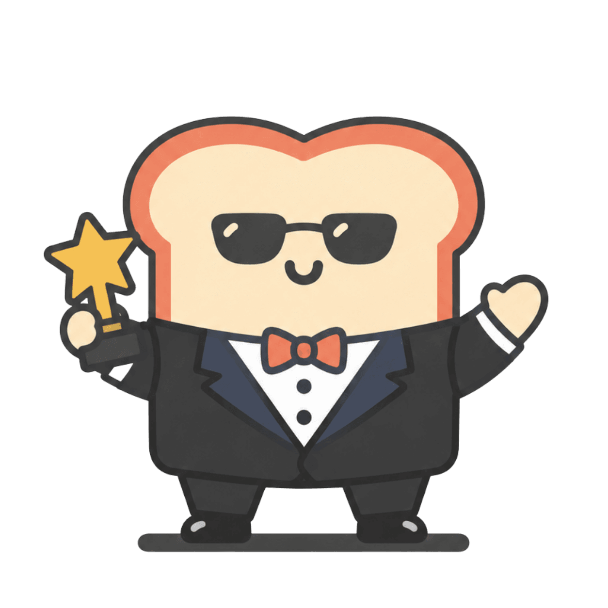 Toast in a tuxedo and sunglasses, holding a star trophy