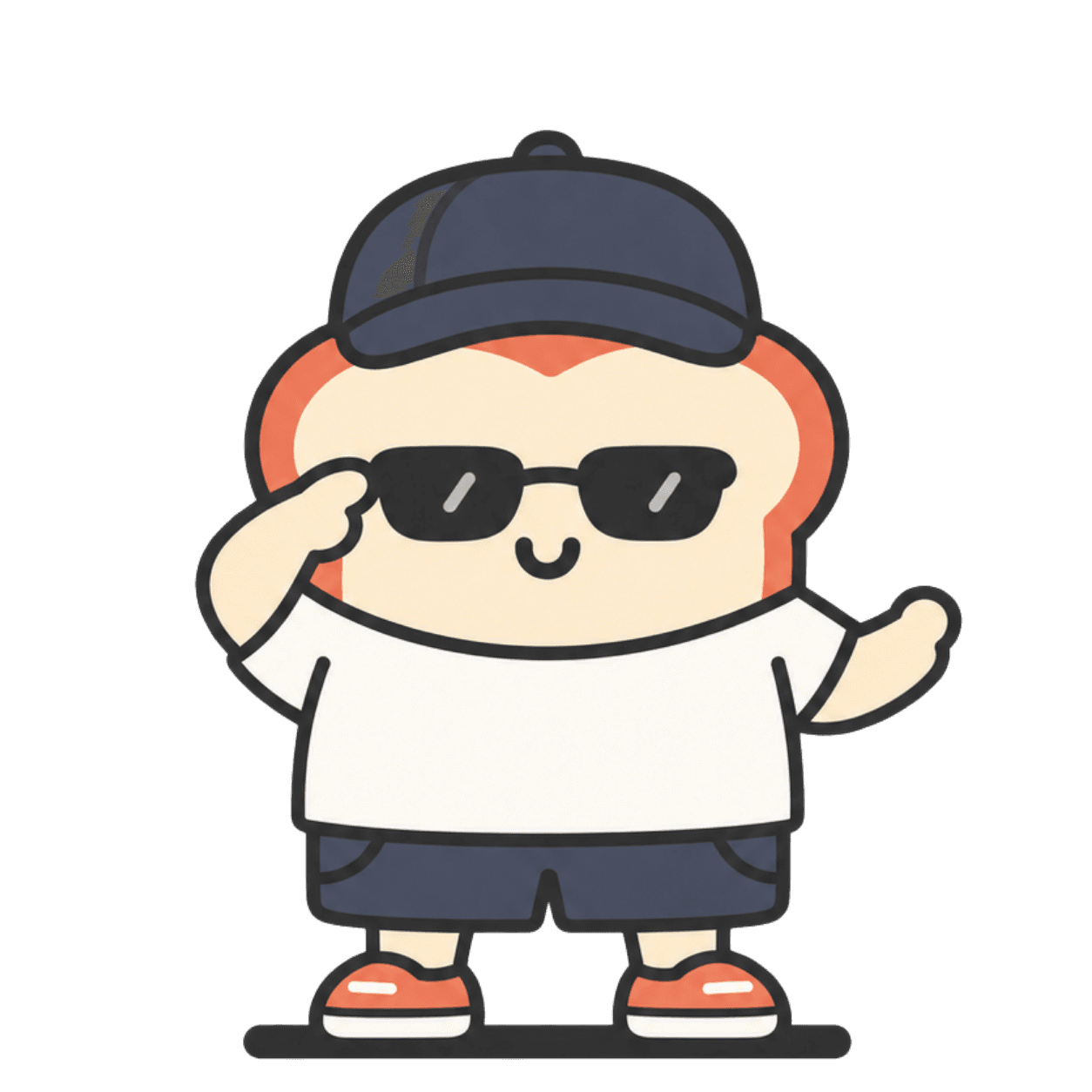 Toast wearing sunglasses, a cap and sneakers